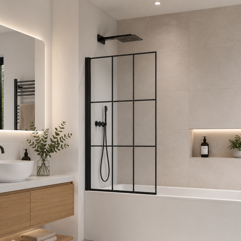 ATC 800 x 1400 Square Straight Bath Screen - Black Grid