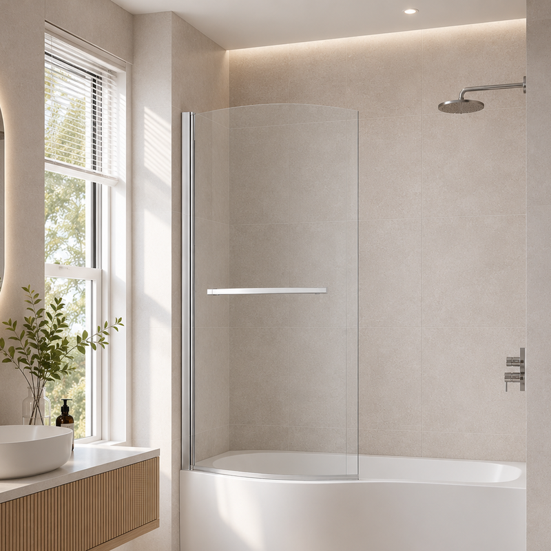 ATC 800 x 1400 P Shape Curved Bath Screen with Towel Rail - Chrome