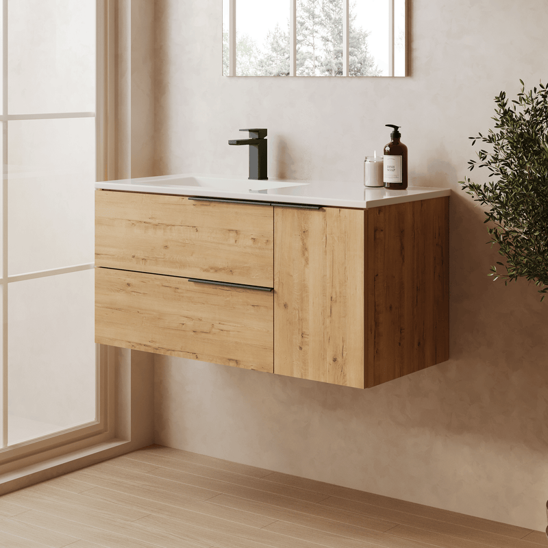 Banyetti Celtic Duo Wall Hung Vanity Unit with White Lira Offset Basin - 1000mm Ostippo Oak