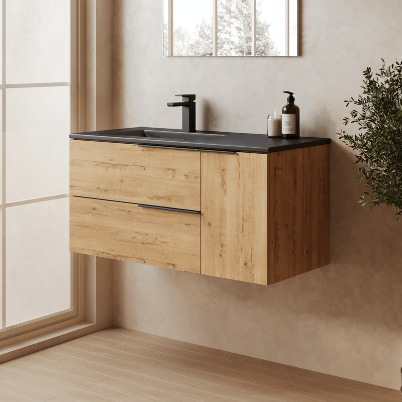 Banyetti Celtic Duo Wall Hung Vanity Unit with Black Lira Offset No Tap Hole Basin - 1000mm Ostippo Oak