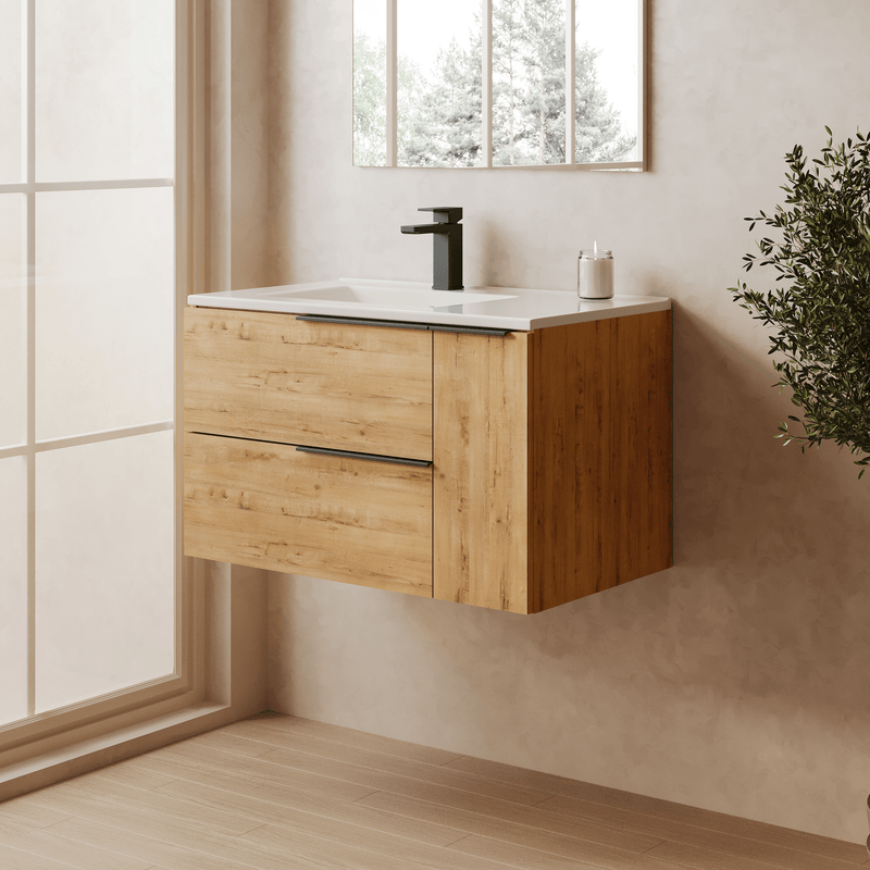 Banyetti Celtic Duo Wall Hung Vanity Unit with White Lira Offset Basin - 800mm Ostippo Oak
