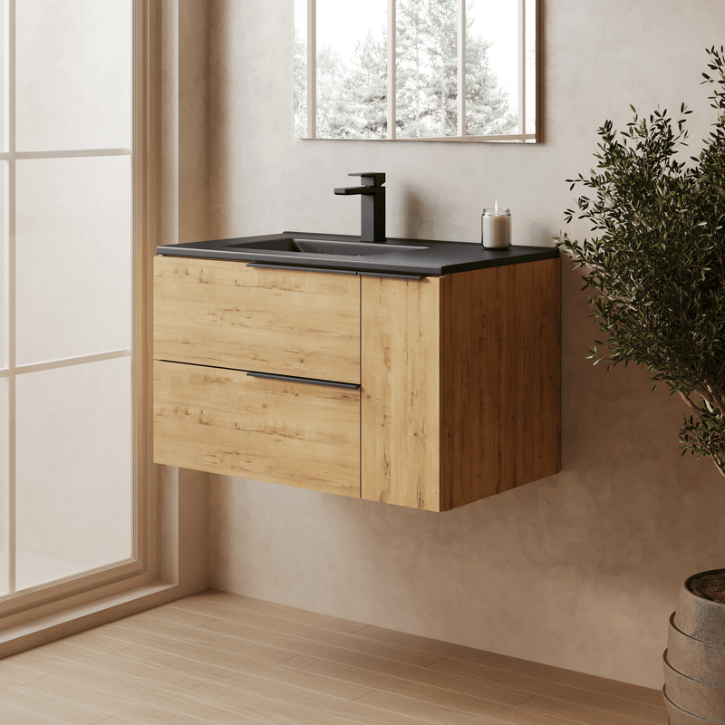 Banyetti Celtic Duo Wall Hung Vanity Unit with Black Lira Offset Basin - 800mm Ostippo Oak