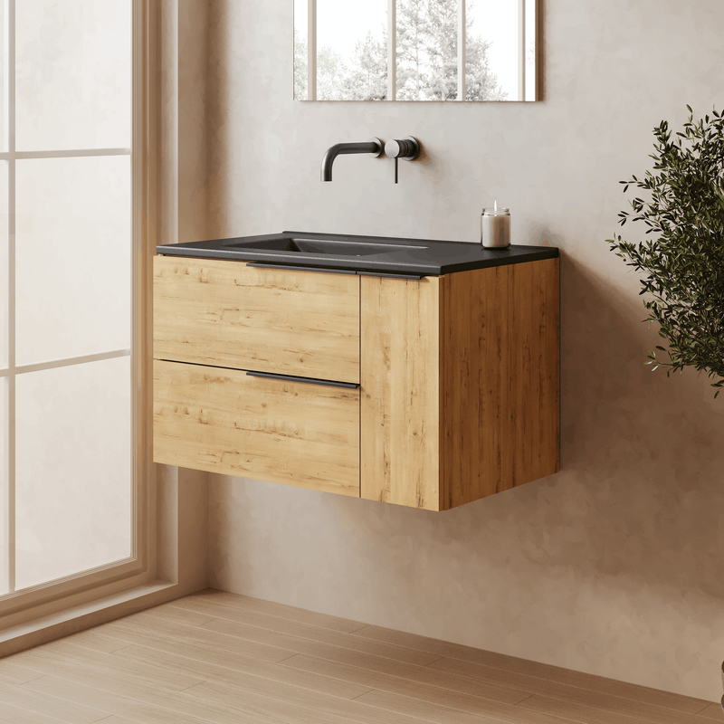 Banyetti Celtic Duo Wall Hung Vanity Unit with Black Lira Offset No Tap Hole Basin - 800mm Ostippo Oak