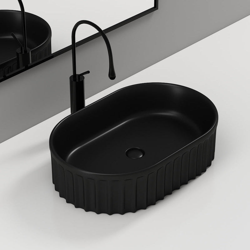Banyetti Conca 550mm Oval Fluted Countertop Basin - Matt Black
