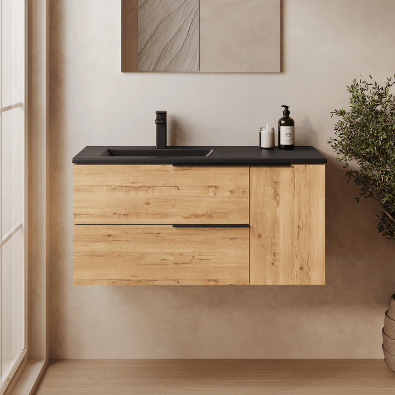 Banyetti Celtic Duo Wall Hung Vanity Unit with Black Lira Offset Basin - 1000mm Ostippo Oak