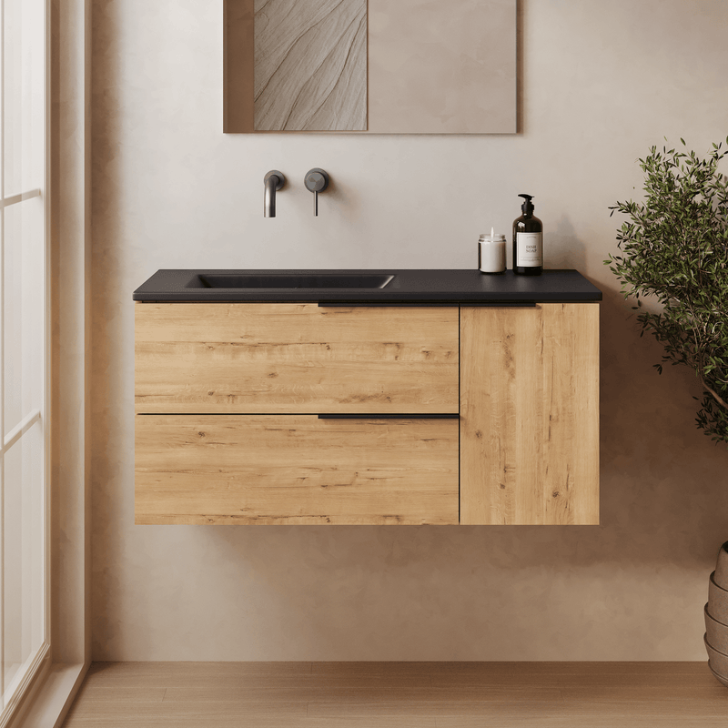 Banyetti Celtic Duo Wall Hung Vanity Unit with Black Lira Offset No Tap Hole Basin - 1000mm Ostippo Oak