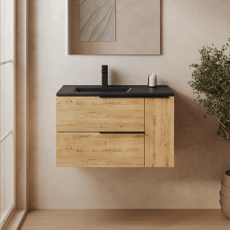 Banyetti Celtic Duo Wall Hung Vanity Unit with Black Lira Offset Basin - 800mm Ostippo Oak