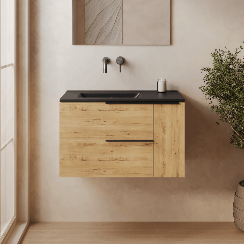 Banyetti Celtic Duo Wall Hung Vanity Unit with Black Lira Offset No Tap Hole Basin - 800mm Ostippo Oak