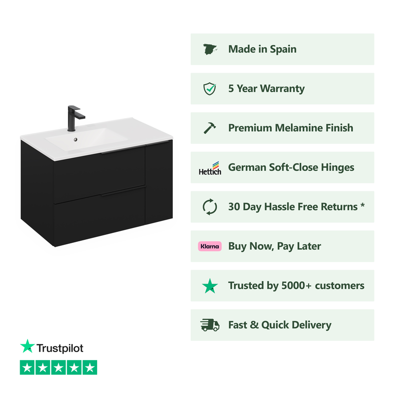 Banyetti Celtic Duo Wall Hung Vanity Unit with White Lira Offset Basin - 1000mm Matt Black
