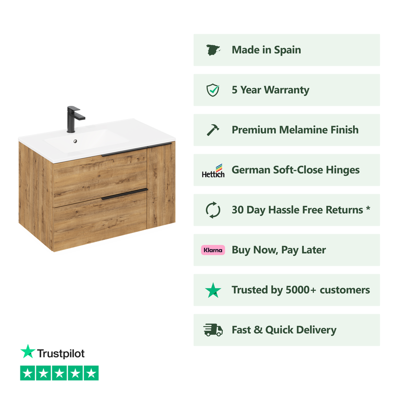 Banyetti Celtic Duo Wall Hung Vanity Unit with White Lira Offset Basin - 1000mm Ostippo Oak