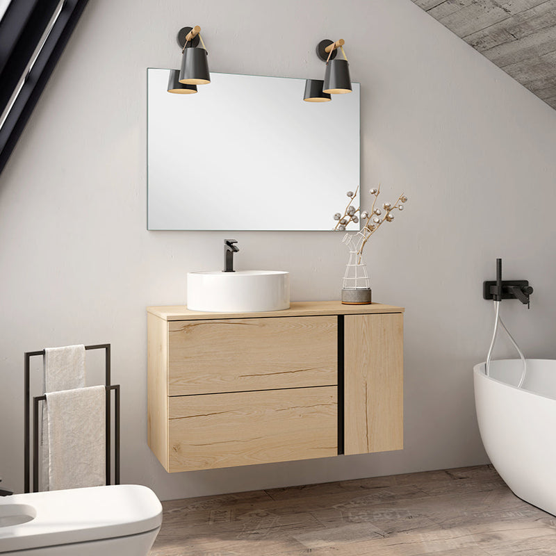 Banyetti Evora Natural Oak Wall Hung Vanity Unit with Matt Black Handles - Select Size