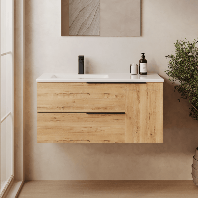 Banyetti Celtic Duo Wall Hung Vanity Unit with White Lira Offset Basin - 1000mm Ostippo Oak