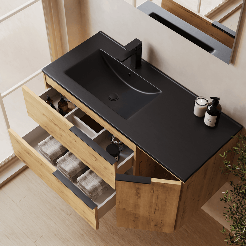 Banyetti Celtic Duo Wall Hung Vanity Unit with Black Lira Offset Basin - 1000mm Ostippo Oak