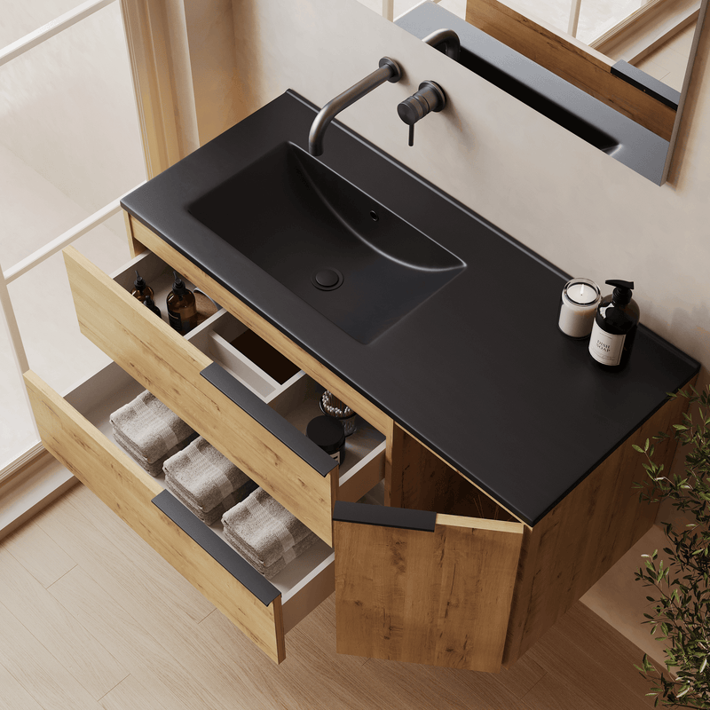 Banyetti Celtic Duo Wall Hung Vanity Unit with Black Lira Offset No Tap Hole Basin - 1000mm Ostippo Oak