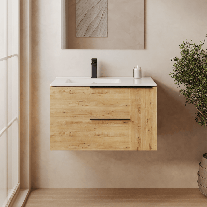 Banyetti Celtic Duo Wall Hung Vanity Unit with White Lira Offset Basin - 800mm Ostippo Oak
