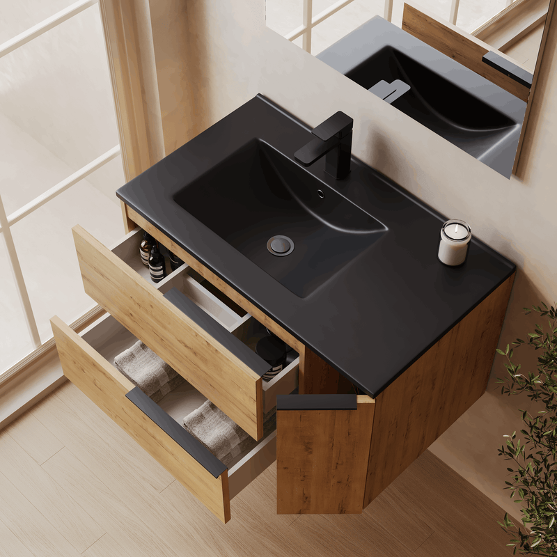 Banyetti Celtic Duo Wall Hung Vanity Unit with Black Lira Offset Basin - 800mm Ostippo Oak