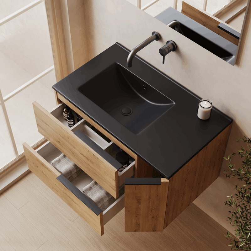 Banyetti Celtic Duo Wall Hung Vanity Unit with Black Lira Offset No Tap Hole Basin - 800mm Ostippo Oak