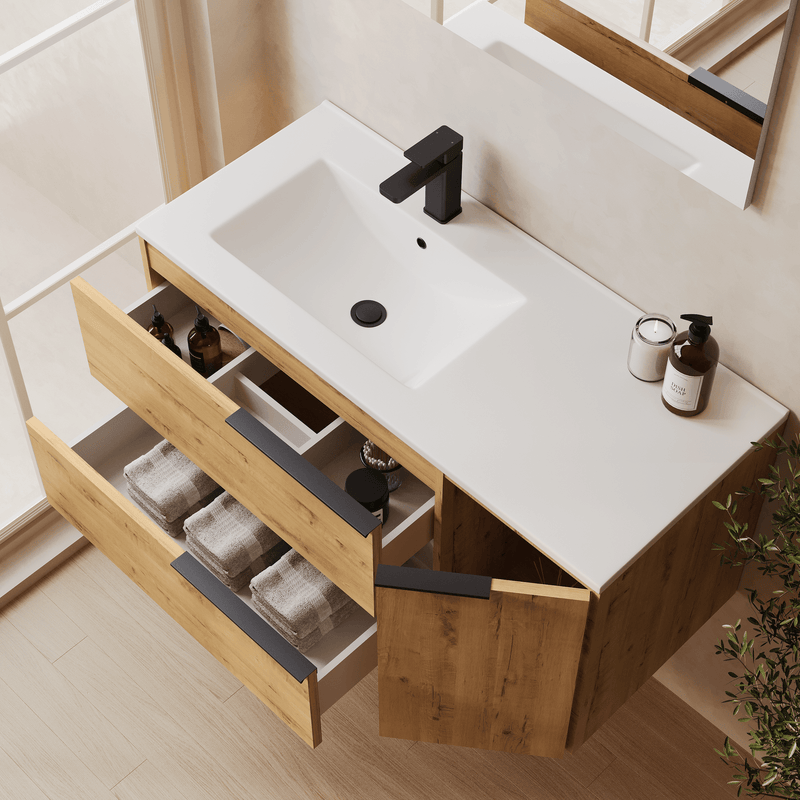 Banyetti Celtic Duo Wall Hung Vanity Unit with White Lira Offset Basin - 1000mm Ostippo Oak