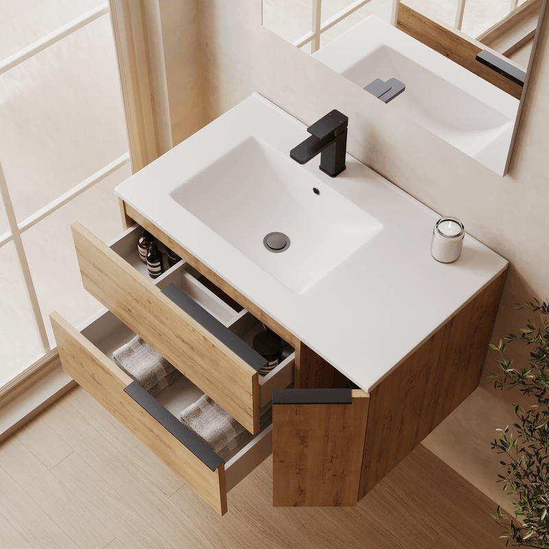 Banyetti Celtic Duo Wall Hung Vanity Unit with White Lira Offset Basin - 800mm Ostippo Oak