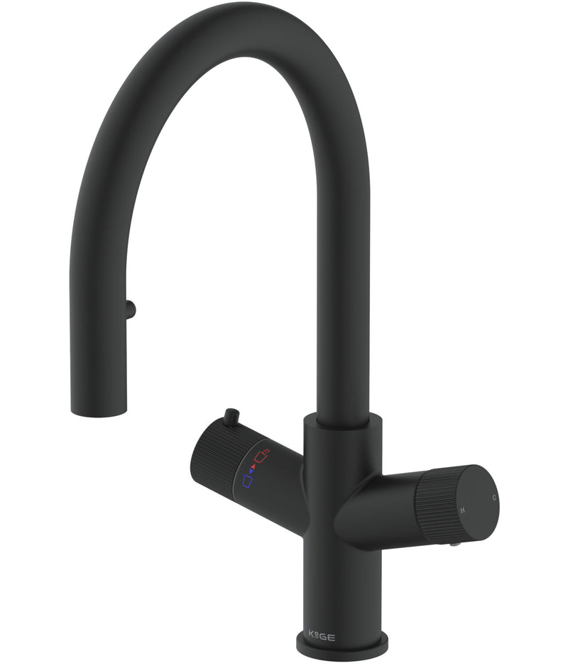 HB KoGE Matt Black 4 in 1 Swan Spout Boiling Water Kitchen Tap & Boiler with Flexible Pull Out Hose