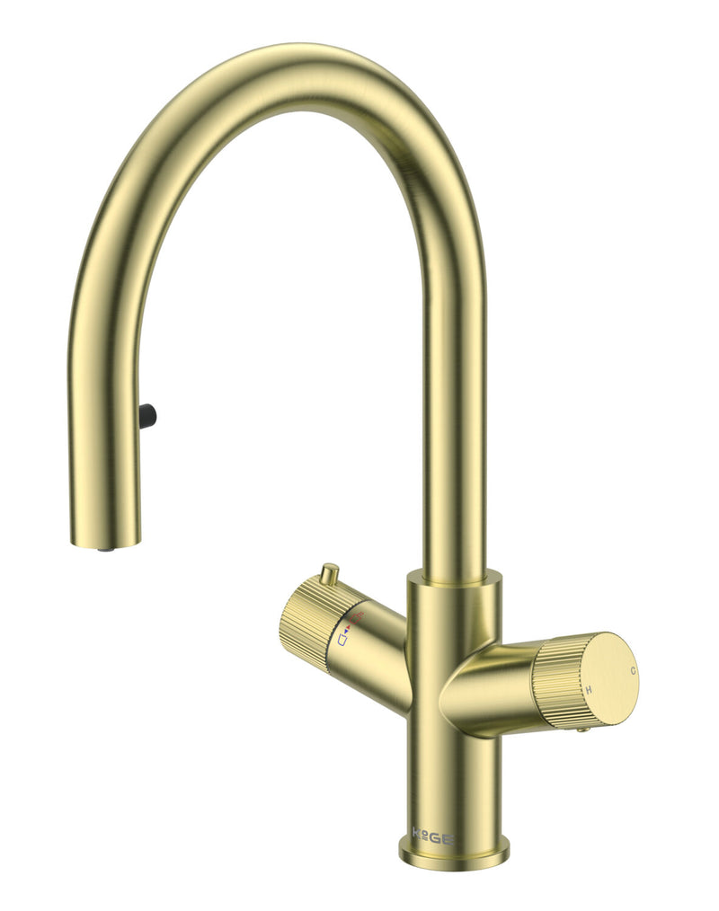 HB KoGE Brushed Brass 4 in 1 Swan Spout Boiling Water Kitchen Tap & Boiler with Flexible Pull Out Hose