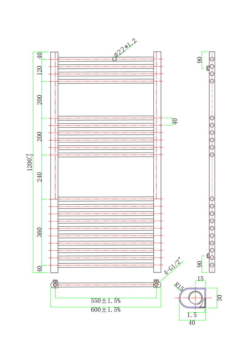 Banyetti Aureli 1200mm x 600mm Brushed Brass Ladder Towel Radiator