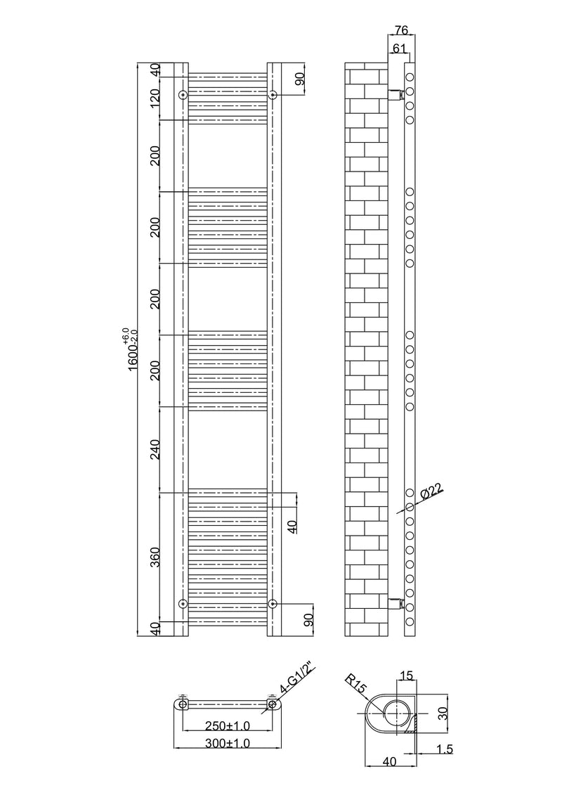 Banyetti Aureli 1600mm x 300mm Brushed Brass Ladder Towel Radiator