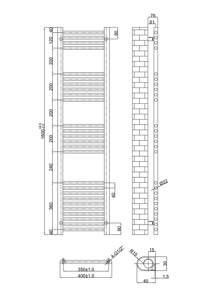 Banyetti Aureli 1600mm x 400mm Brushed Brass Ladder Towel Radiator