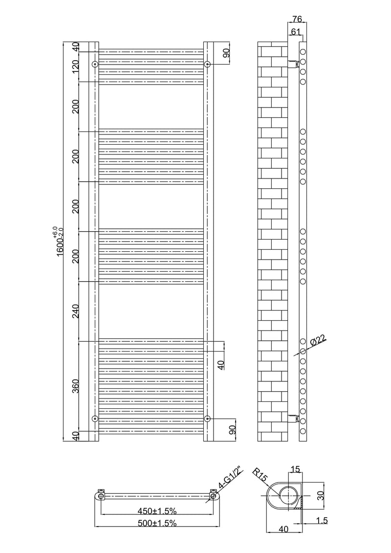 Banyetti Aureli 1600mm x 600mm Brushed Brass Ladder Towel Radiator