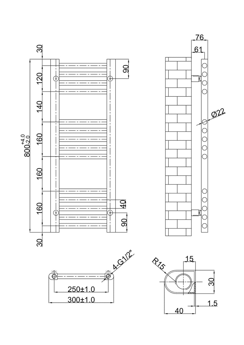 Banyetti Aureli 800mm x 300mm Brushed Brass Ladder Towel Radiator