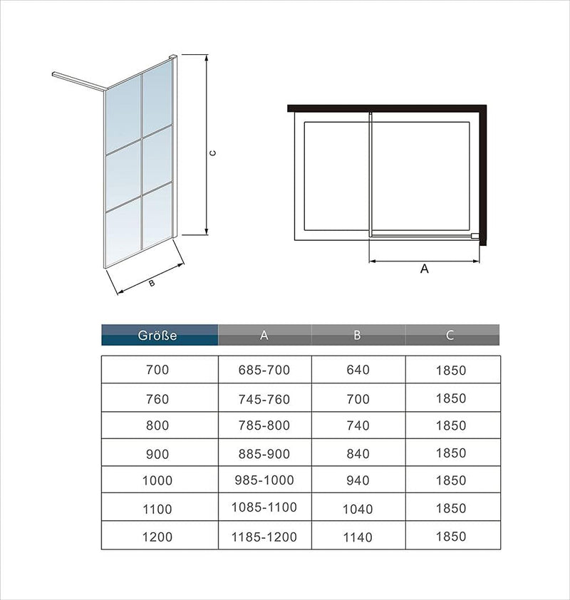 Linea Black Grid Wet Room Screen 8mm Glass Walk-In Shower Panel - Select Size