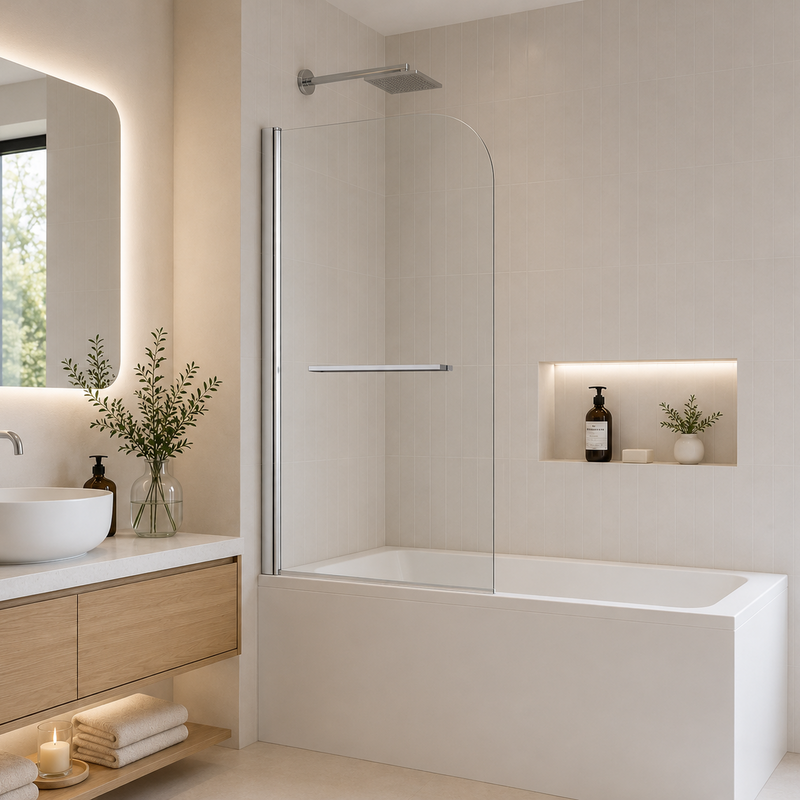 ATC 800 x 1400 Radius Curved Bath Screen with Towel Rail - Chrome