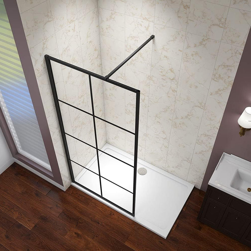 Linea Black Grid Wet Room Screen 8mm Glass Walk-In Shower Panel - Select Size