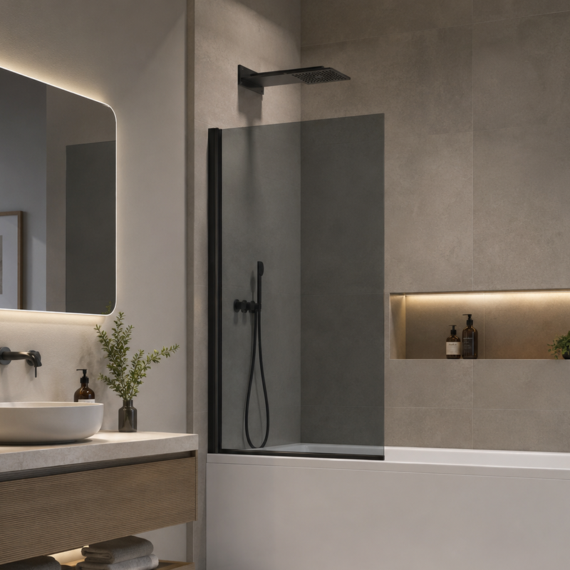 ATC 800 x 1400 Square Straight Smoked Bath Screen - Matt Black