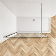 Chrome walk-in shower panel with 8mm tempered safety glass and polished chrome support bar