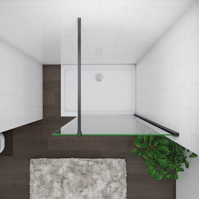 Linea walk-in wetroom screen with 8mm EasyClean tempered clear glass and black support bar