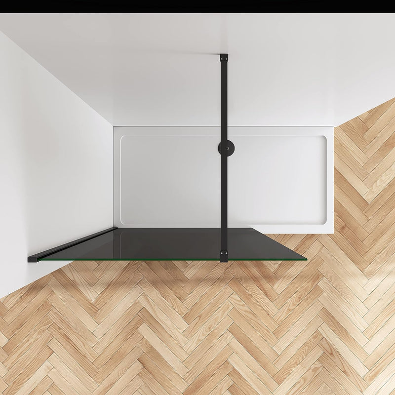 Linea 8mm smoked tempered glass walk-in shower panel with black stainless steel support bar