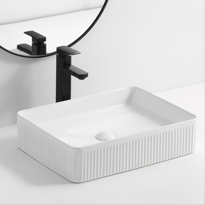 Banyetti Quadra 500mm Rectangular Fluted Countertop Basin - Gloss White