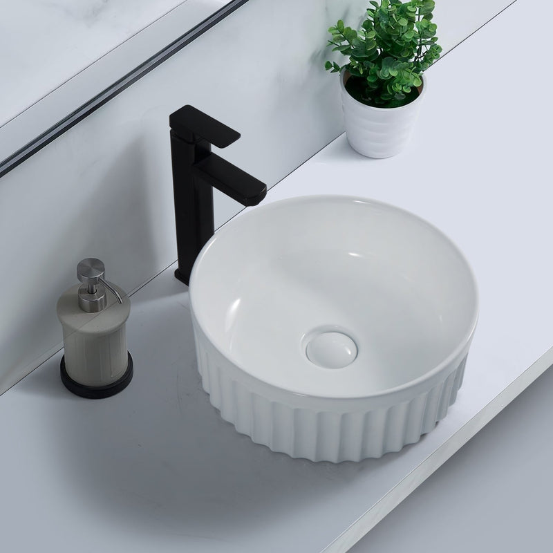 Banyetti Vasca 380mm Round Fluted Countertop Basin - Gloss White