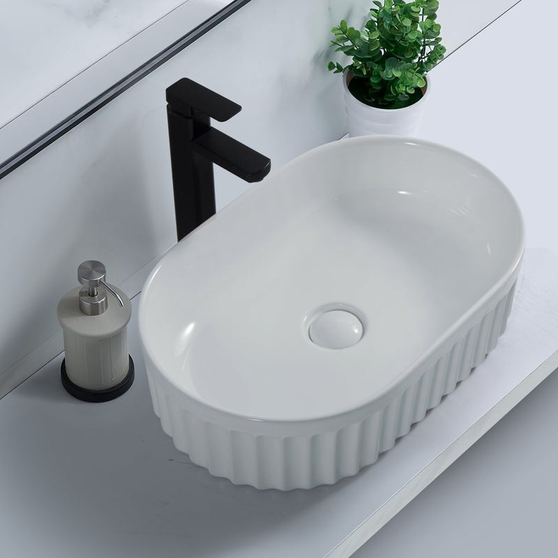 Banyetti Conca 550mm Oval Fluted Countertop Basin - Gloss White