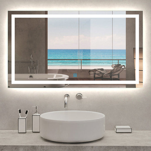 LED bathroom mirror with demister – front view of illuminated rectangular mirror above bathroom vanity