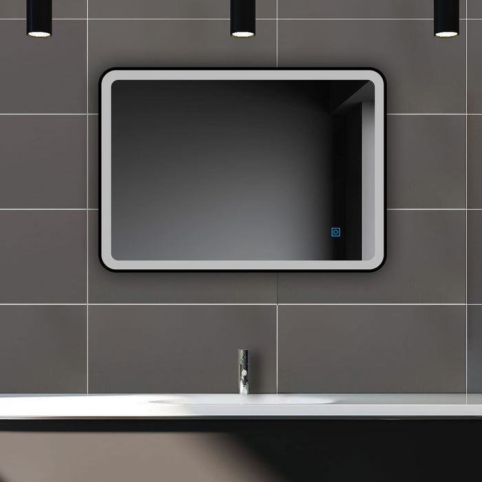 Bathroom mirror with demister – close-up of mirror edge and anti-fog heating demister pad feature
