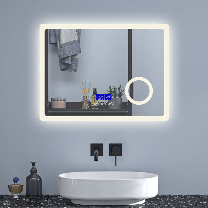 LED bathroom mirror with Bluetooth anti-fog 3× magnification – side profile highlighting slim edge and anti-fog demister pad activated