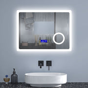 LED bathroom mirror with Bluetooth anti-fog 3× magnification – front view of illuminated rectangular mirror above vanity
