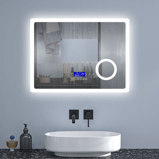 LED bathroom mirror with Bluetooth anti-fog 3× magnification – front view of illuminated rectangular mirror above vanity