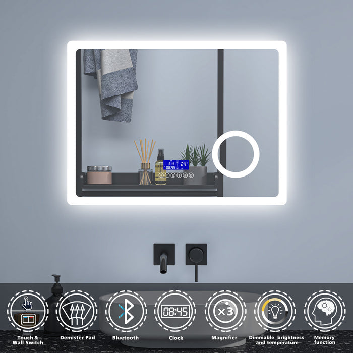 LED bathroom mirror with Bluetooth anti-fog 3× magnification – bathroom installation with mirror lit and steam cleared by anti-fog pad