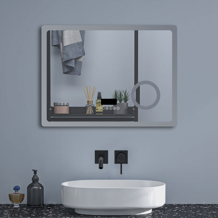LED bathroom mirror with Bluetooth anti-fog 3× magnification – multiple size variants displayed (e.g., 1000×600mm, 1200×700mm) in showroom setting
