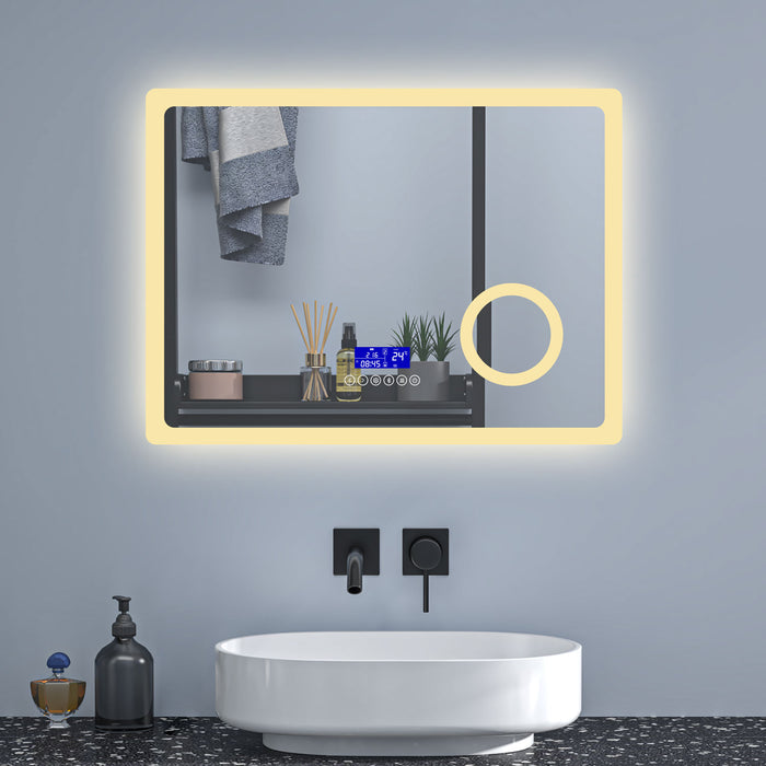 LED bathroom mirror with Bluetooth anti-fog 3× magnification – close-up showing built-in Bluetooth speaker controls and magnifier lens