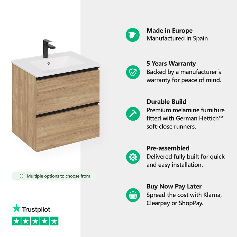 Banyetti Akiro Walnut Wall Hung Vanity Unit with Matt Anthracite Handles - Select Size