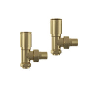 Dual fuel heating kit brushed brass – full kit laid out with heating element, straight valves and T‑piece adaptor in brushed brass finish
